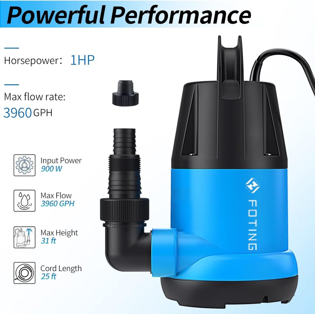 FOTING 1 HP Stainless Steel Sump Pump, 3434 GPH 31ft Water Pump with Float Switch, Submersible Utility Pump for Basement Swimming Pool Draining Pond Garden Watering Hot Tub Tankless Water Heaters FOTING 1 HP Stainless Steel Sump Pump, 3434 GPH 31ft Water Pump with Float Switch, Submersible Utility Pump for Basement Swimming Pool Draining Pond Garden Watering Hot Tub Tankless Water Heaters
