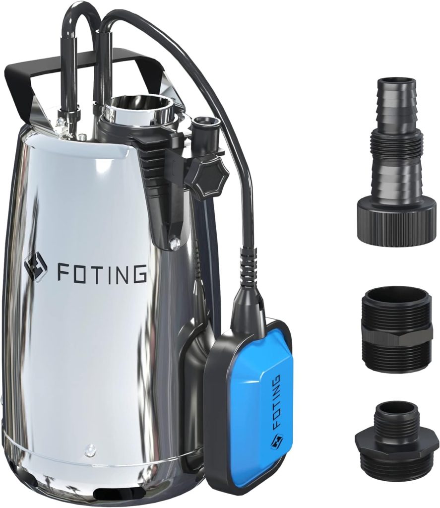 FOTING 1 HP Stainless Steel Sump Pump, 3434 GPH 31ft Water Pump with Float Switch, Submersible Utility Pump for Basement Swimming Pool Draining Pond Garden Watering Hot Tub Tankless Water Heaters FOTING 1 HP Stainless Steel Sump Pump, 3434 GPH 31ft Water Pump with Float Switch, Submersible Utility Pump for Basement Swimming Pool Draining Pond Garden Watering Hot Tub Tankless Water Heaters